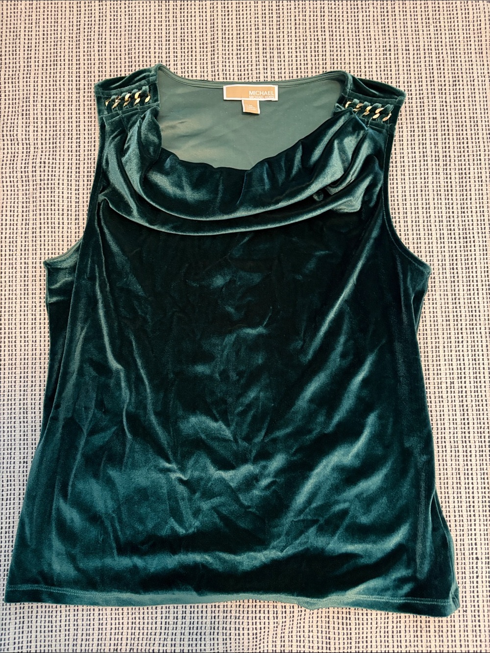 Michael Kors Emerald Green Velvet Cowl Neck Tank with Gold Chain Detail